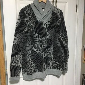 Grey Animal-Print Shawl Collar Turtleneck Sweater